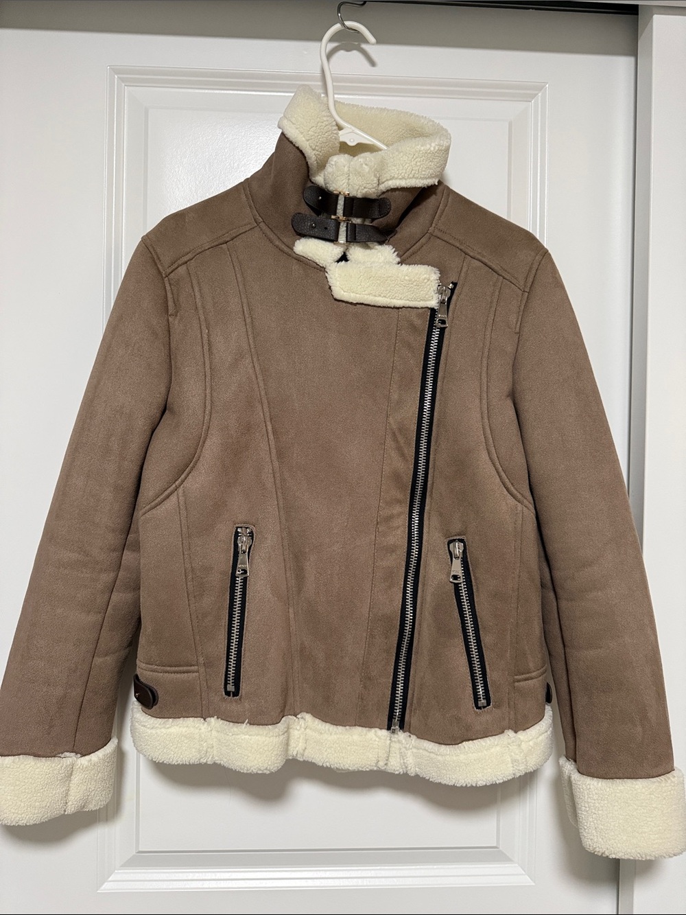Vigoss Faux Suede Shearling Moto Jacket Aviator Zip up Medium Womens